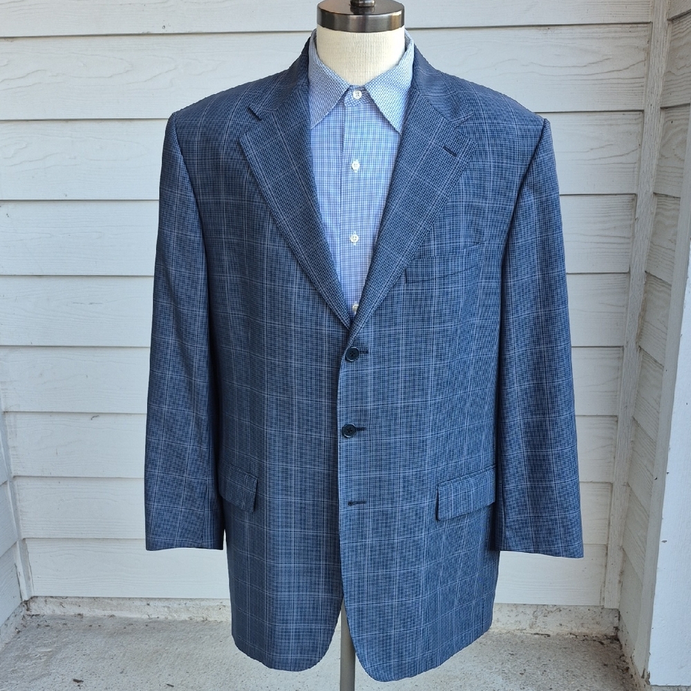 FACONNABLE Italy Blue Grey Black‎ Plaid Virgin Wool Mens Sz 46 R L Sport Coat